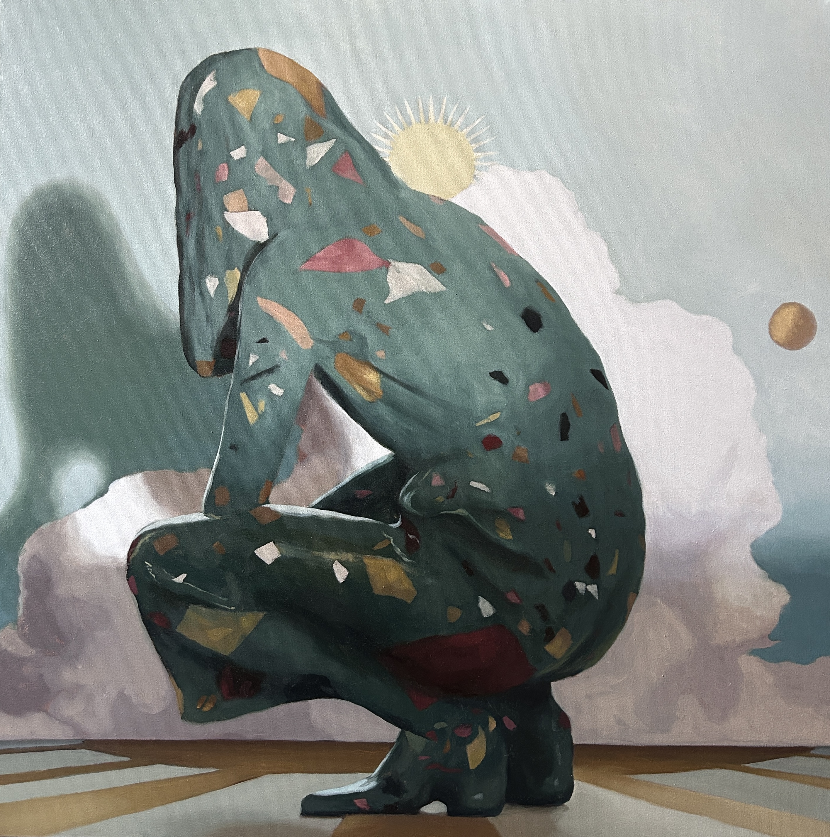 AAF26 GALERIE VEYSSIERE SACRÉ FRED FIGURE EN TERRAZZO, HUILE SUR TOILE 80X80CM