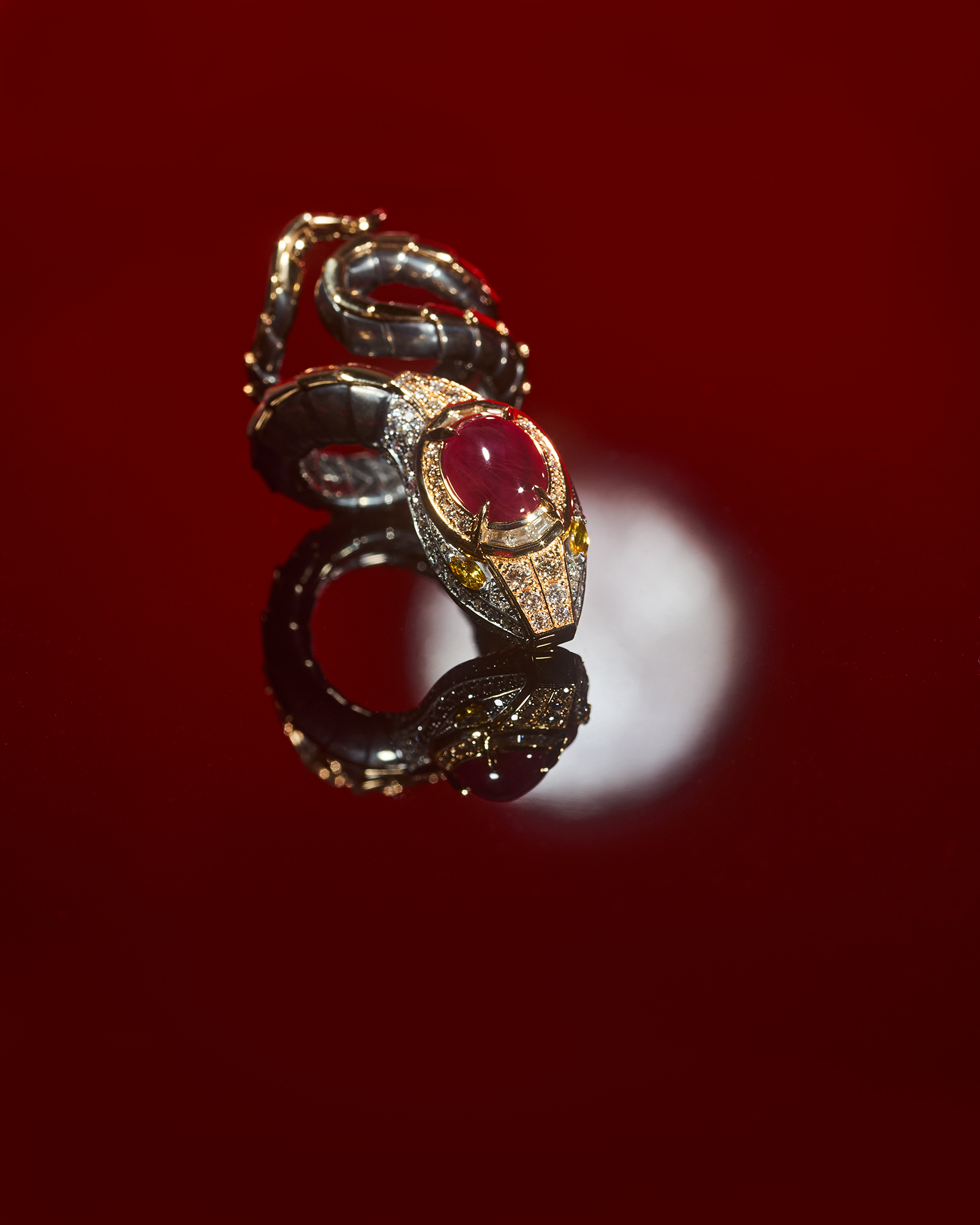 THE ROOMS ELIE TOP RUBY CABOCHON SERPENT RING CREDIT HUGUES LAURENT