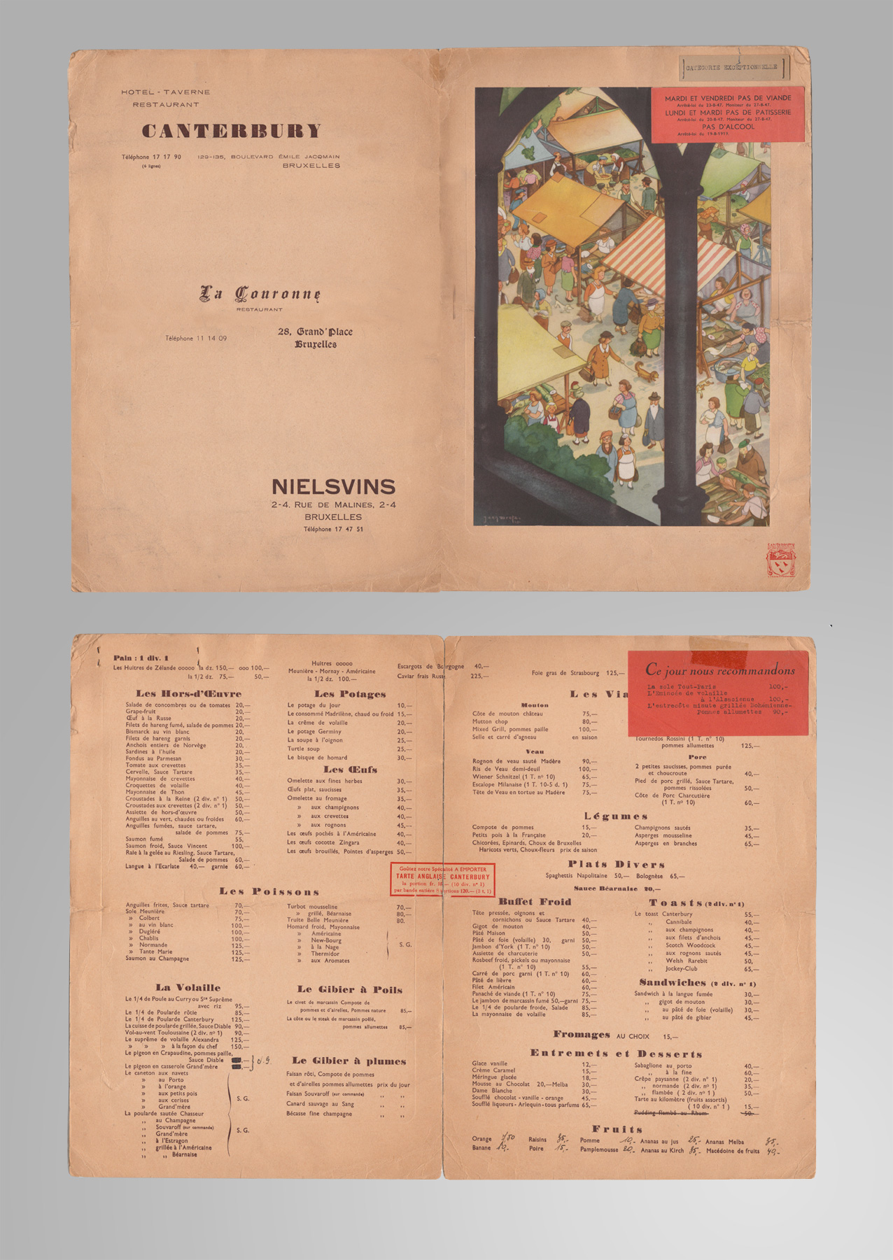 MAISONS NIELS  ARCHIVES CANTERBURY MENU 1940