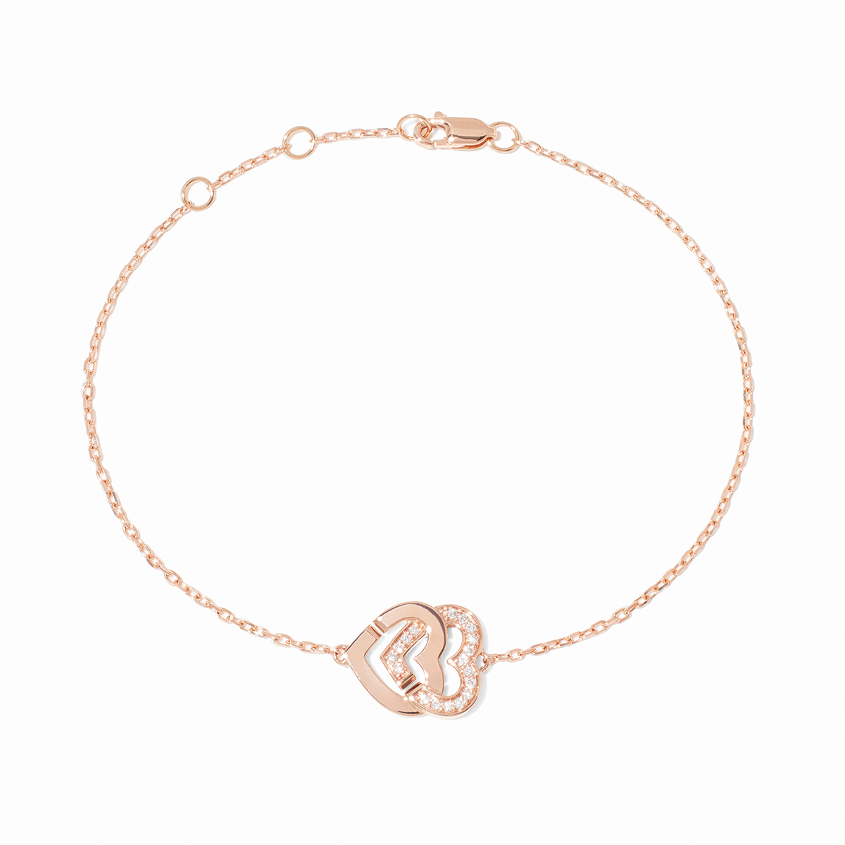 SMALL DOUBLE COEURS CHAIN BRACELET, ROSE GOLD AND DIAMONDS 1 350 EURO