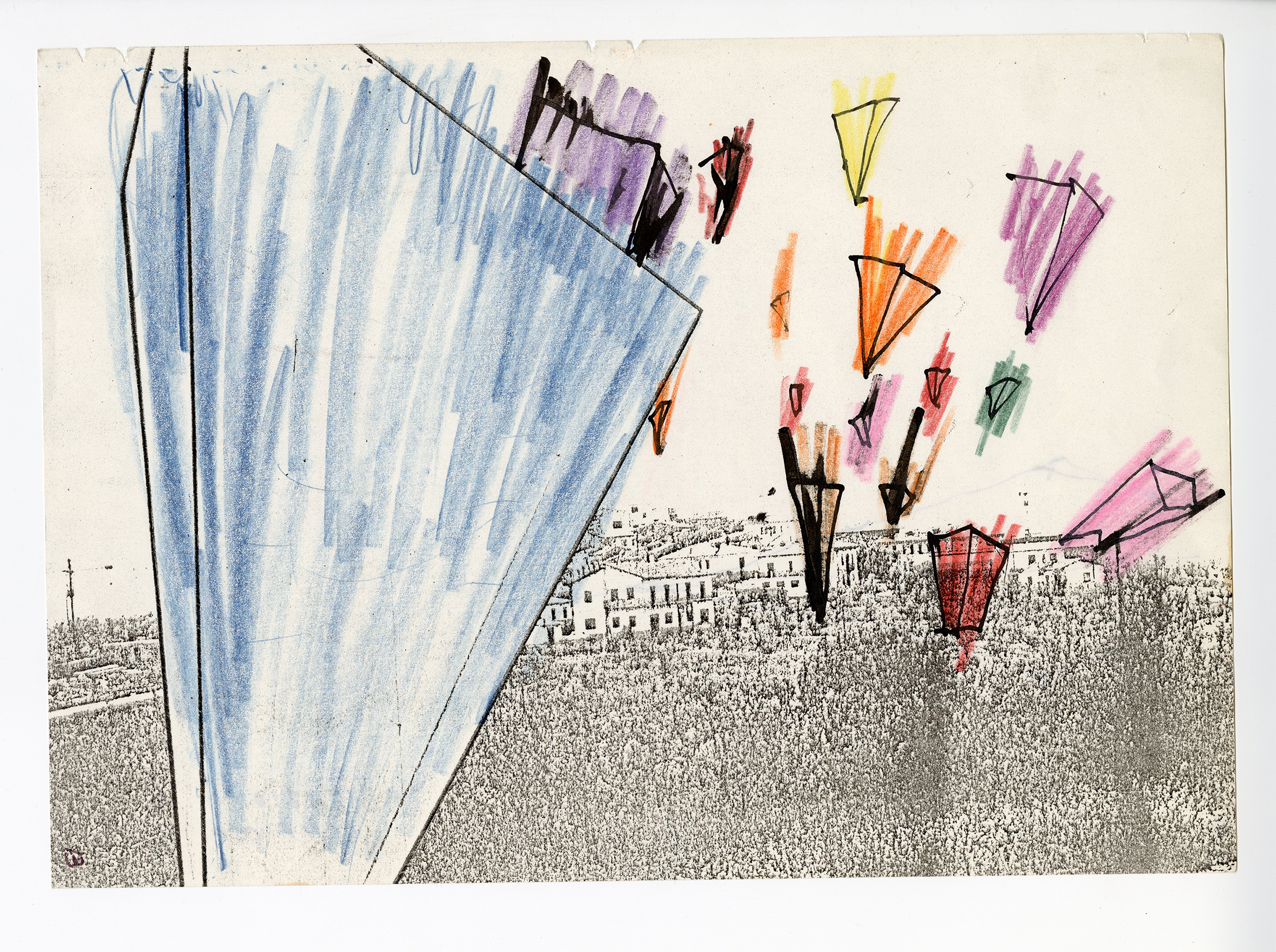 CID  DL26. MICHELE DE LUCCHI – ABITAZIONE A CONFICCO MATITA COLORATA SU FOTOCOPIA   1975