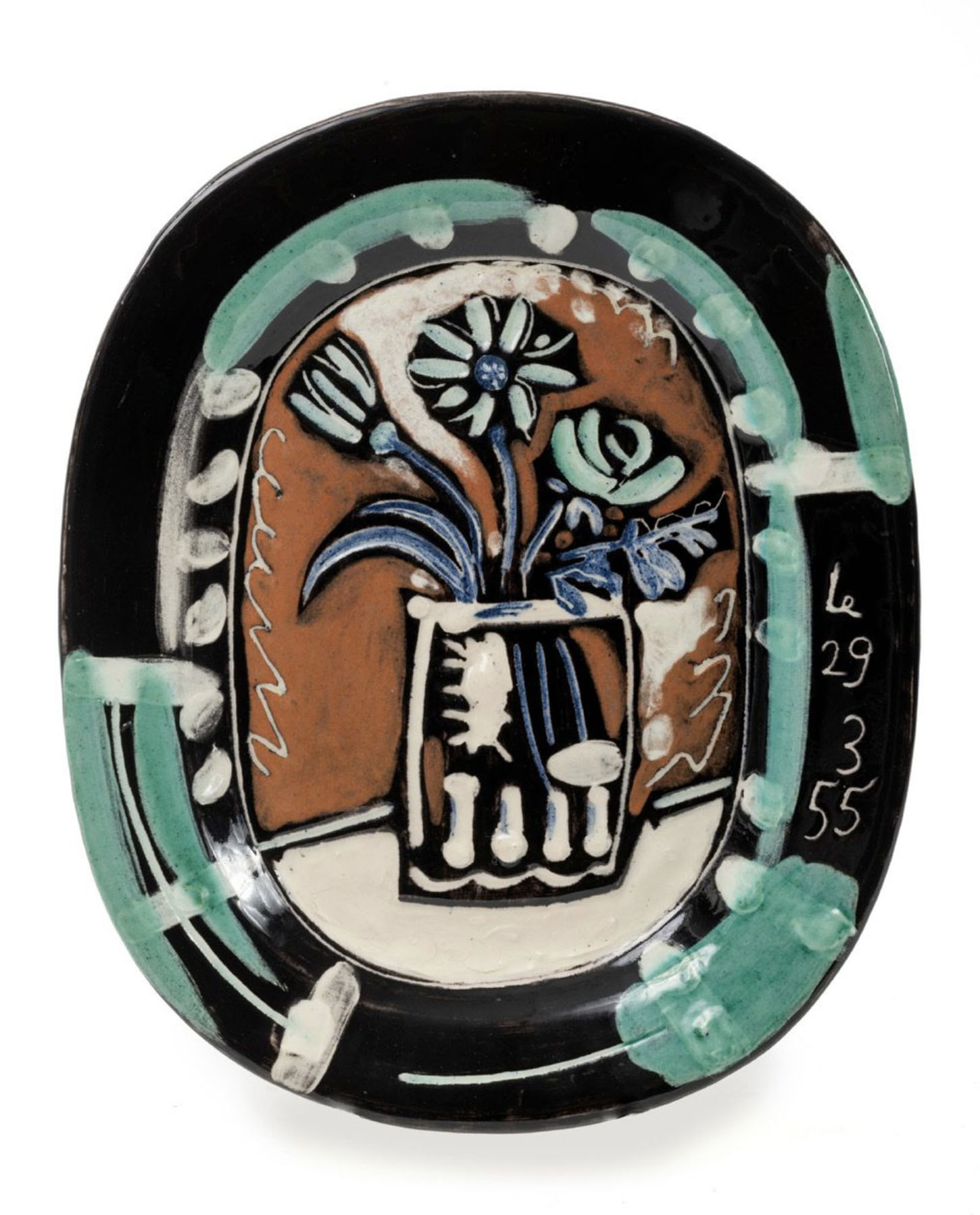 CB26 MALA GALLERY PABLO PICASSO BOUQUET ARGILE EN FAIENCE BLANCHE DECORATION EN ENGOBES GRAVURES AU COUTEAU SOUS GLACURE 36X30CM 1955