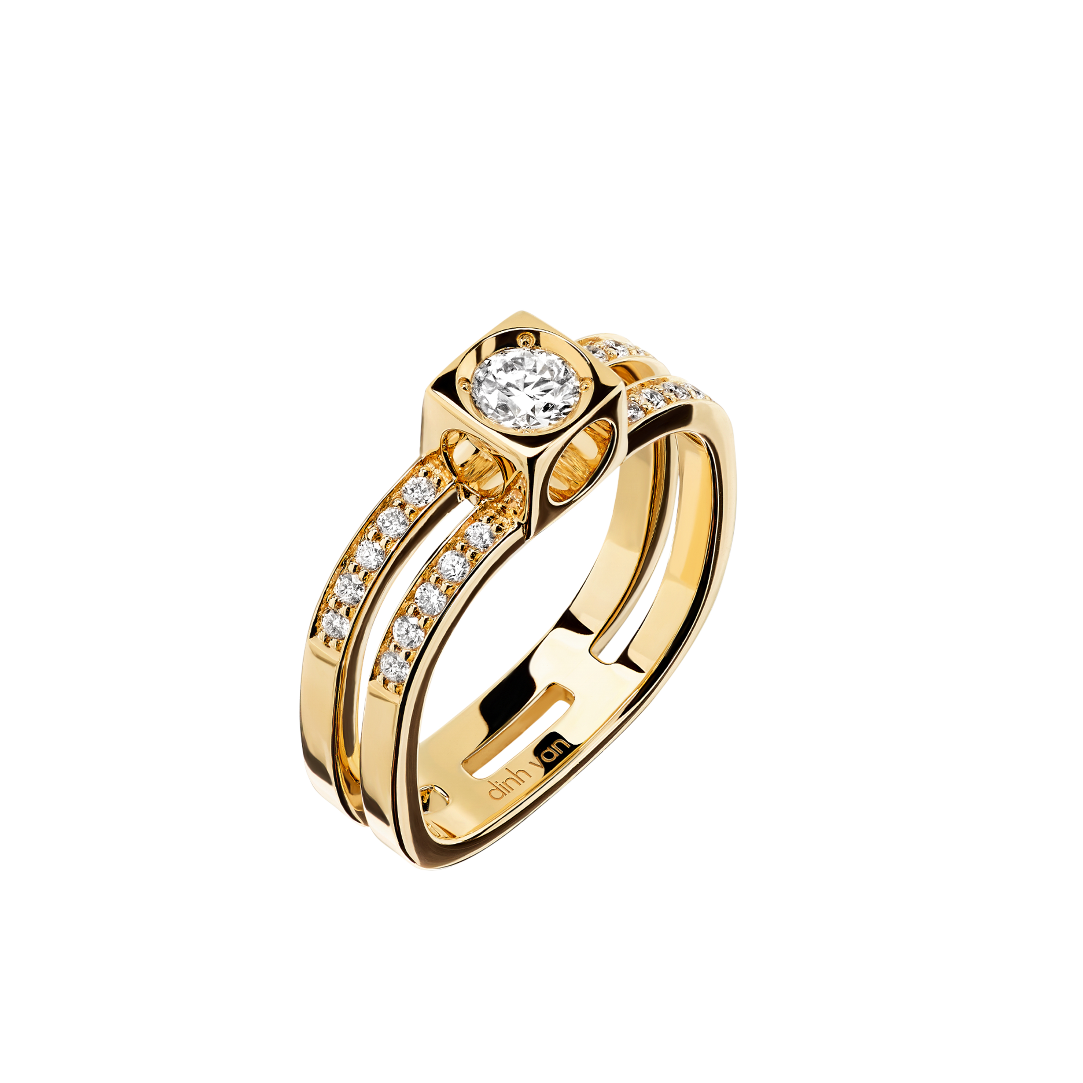 DINH VAN LE CUBE DIAMANT RING 2 PAVED ROWS YELLOW GOLD AND DIAMONDS