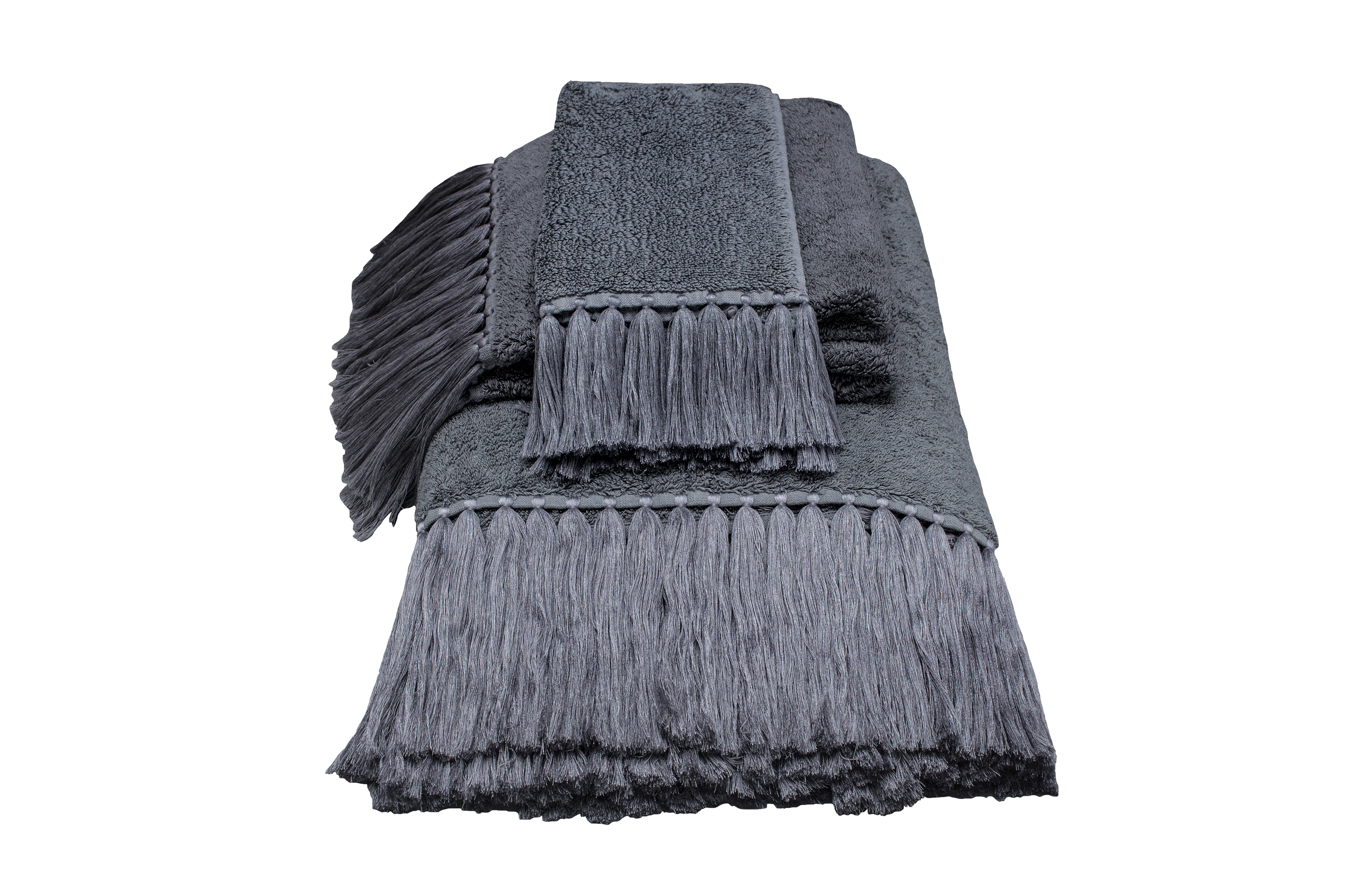 VALERIE BARKOWSKI POLLUX LINGE BAIN EPONGE GRIS POMPONS GRIS SERVIETTES CREDIT DELPHINE WARIN 40A140EUR