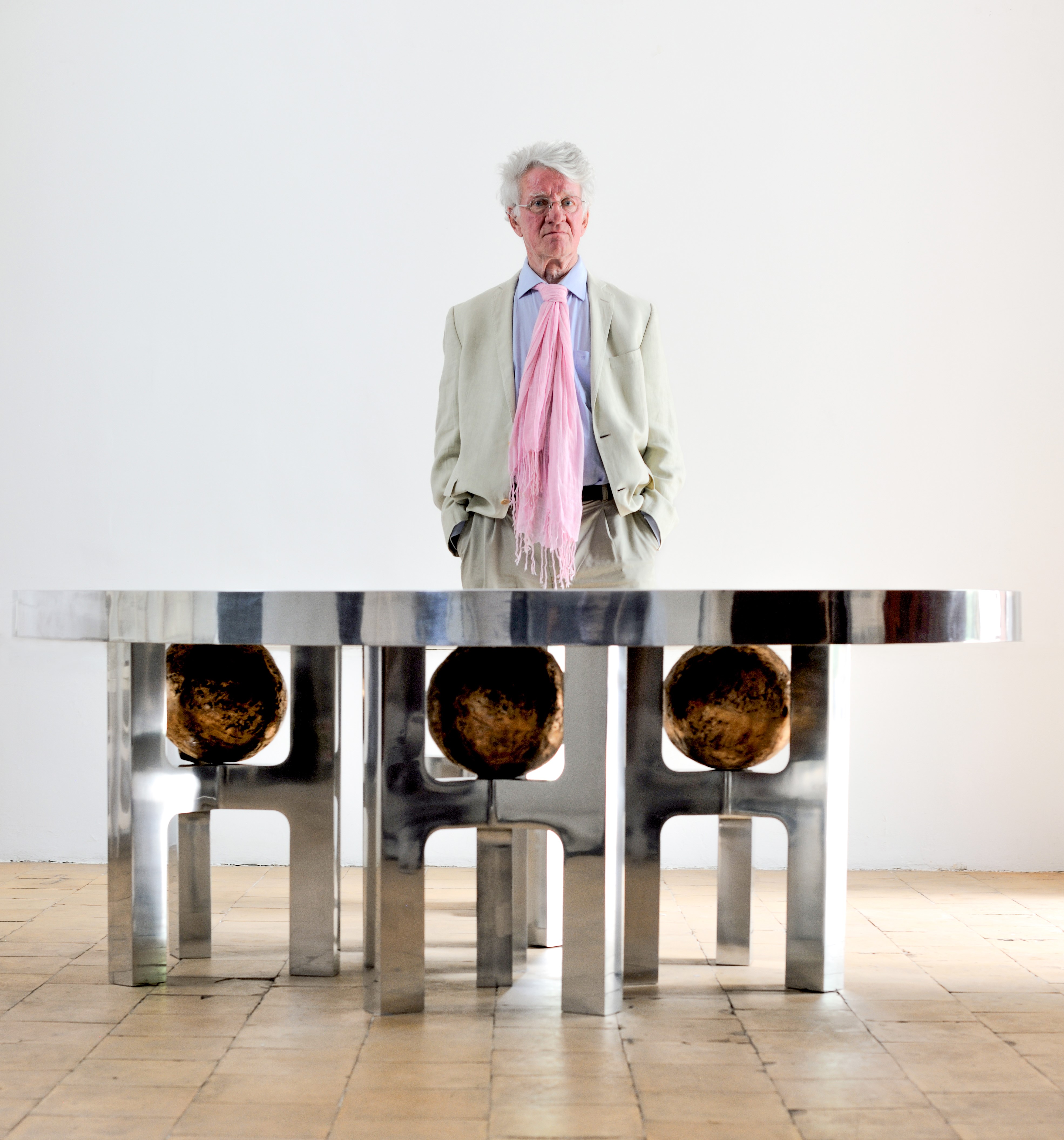 ADO CHALE CAST BRONZE TABLE LUNAIRE MODEL MIRROR POLISHED ALUMINUM LEGS AND CAST BRONZE BALL